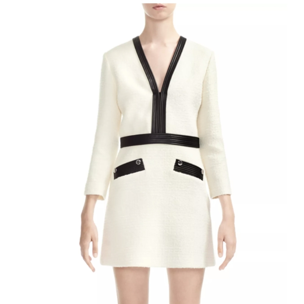 Maje Remma Faux-Leather Trimmed Tweed Dress